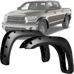 OEDRO Fender Flares Kit Compatible with 2007-2013 Toyota Tundra, Front Rear Wheels UV Protected Dura-Flex Material Smooth Black Finish Pocket Rivet Style Chrome Eyebrow Headlight Trim Cover