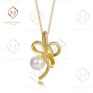 Gold Plated Freshwater Pearl Necklace With Moissanite