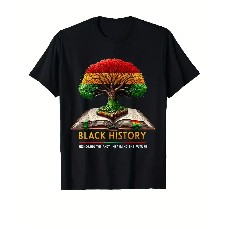 Men's Black History Pride Oversized Cotton T-Shirt - Round Neck, Short Sleeve, Regular Fit, Soft Quick-Dry Breathable Fabric, African Cultural Tee with Traditional Akoubaa/Acacia Tree, for Casual Wear & Ancestral Apparel