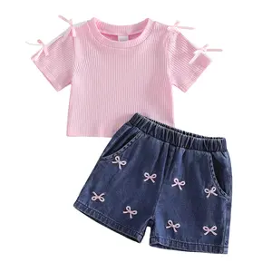 Baby Girl 2Pcs Summer Outfits Short Sleeve Tops and Bow/Cherry Embroidery Shorts Set Toddler Spring Clothes