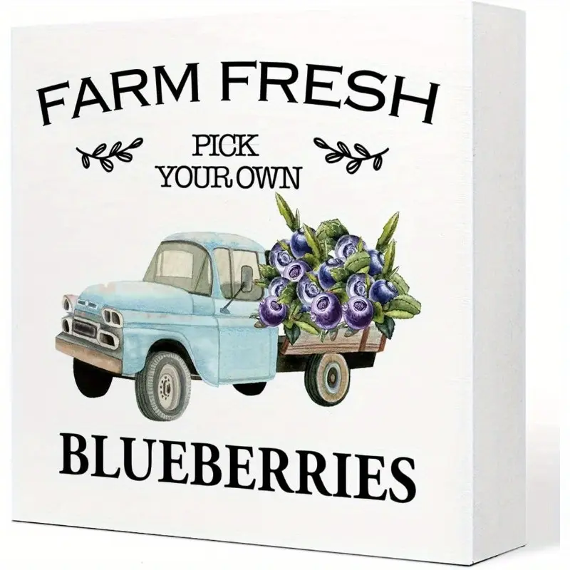 Summer Desk Decor, Farm Fresh Blueberries Wooden Plaque Sign Desk Decor, Rustic Blueberry Wood Block Sign Desk Decorations for Summer Home Kitchen Farm Garden Shelf Table Decor 5x5 inch