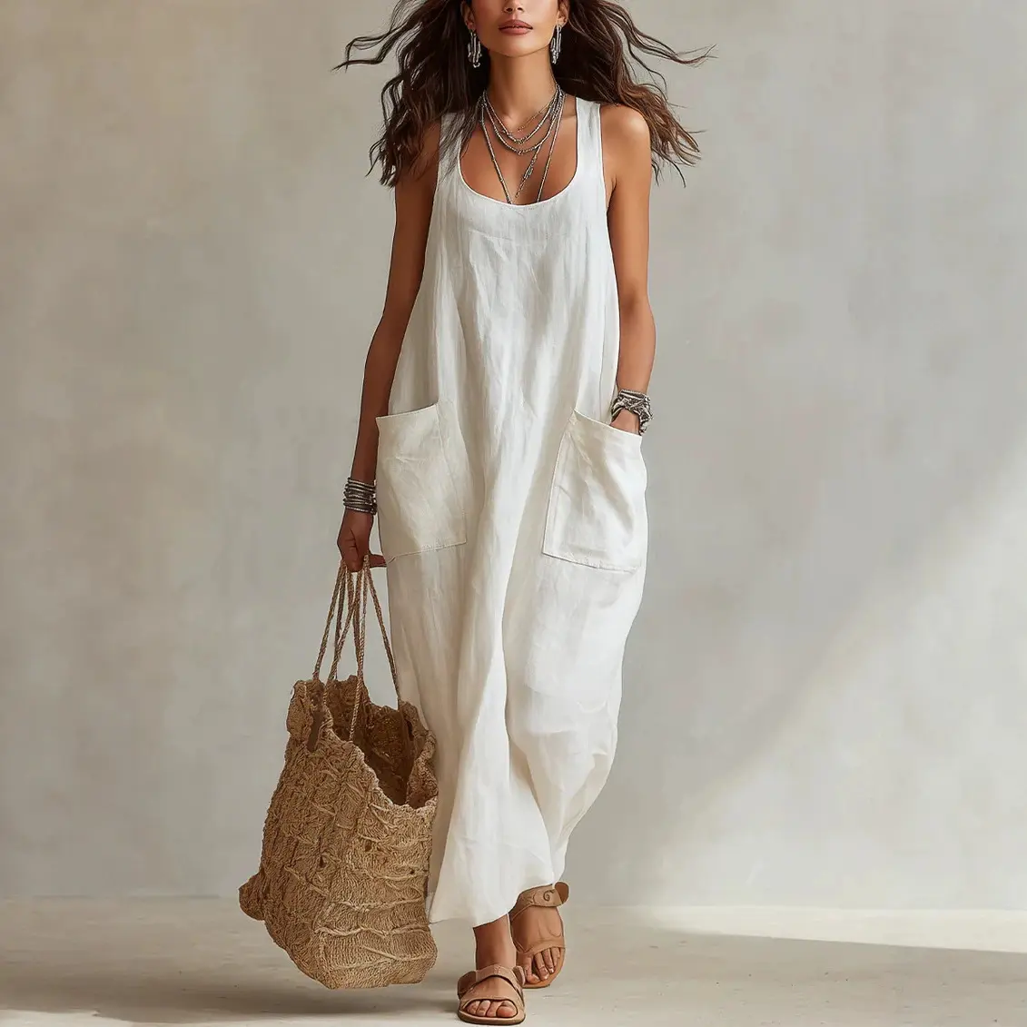 Women's Chic Oversized Linen Maxi Dress, Elegant Boho A-Line Gown with a Deep U-Neck and Pockets for Coastal Resort Vacations