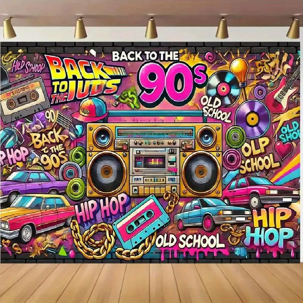 1pc 2D Flat Retro 90s Hip Hop Polyester Backdrop - Colorful Neon Design with Boombox, Cars, Durable, Vibrant, Party Decoration Supplies for Birthdays, Banners,summerwins