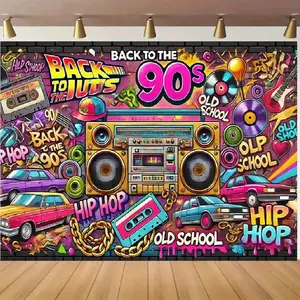 1pc 2D Flat Retro 90s Hip Hop Polyester Backdrop - Colorful Neon Design with Boombox, Cars, and Party Decor for Birthdays & Events, " (" / "), Party Backdrop | Vibrant Party Decor | Durable Polyester