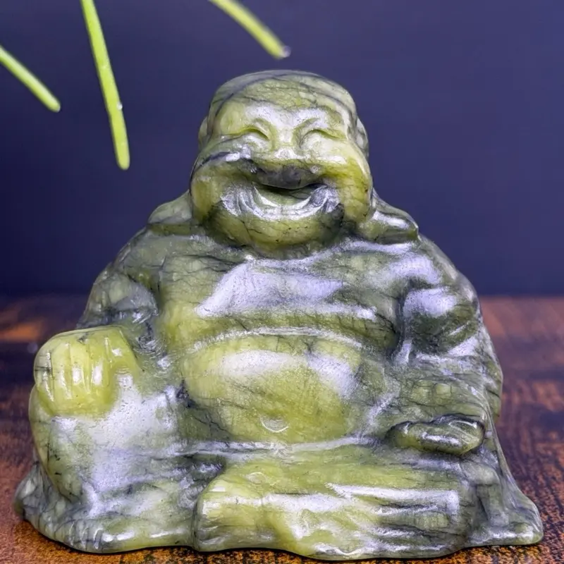 Green Serpentine Buddha Statue, Handcrafted Spiritual Decor for Home Meditation Altar
