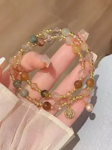 Women's Vintage Double Layer Crystal Pearl Beaded Bracelet, Unique Natural Stone Wrap Bangle Jewelry Gift, Random Bead Colors, Dainty Crystal Bracelet