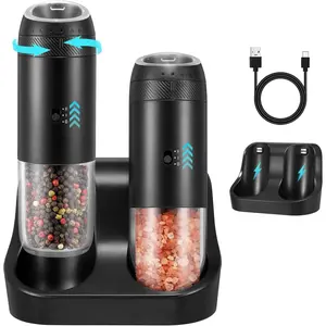 Rechargeable Gravity Electric Salt  Set with Variable Grinding Speed, External Adjustable Coarseness, External Adjustable Coarseness,  Base and White LED Light,Black