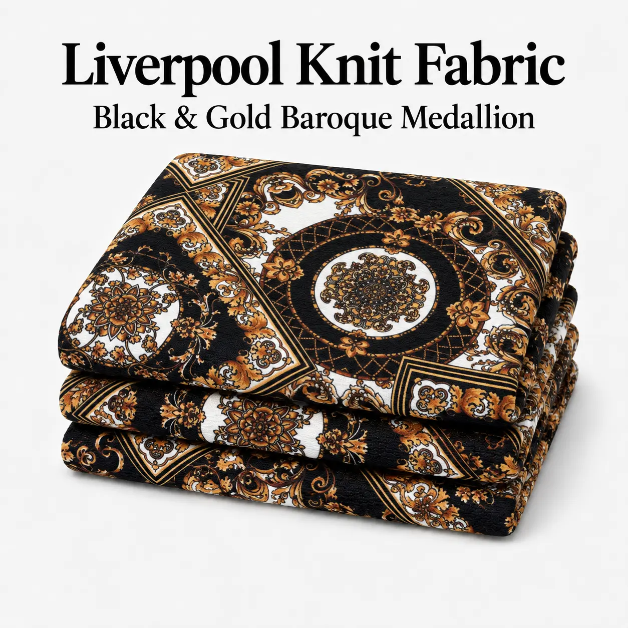 Liverpool Knit Fabric, Black & Gold Baroque Medallion, 4-Way Stretch Dress & Apparel Fabric, 56 in, 200 GSM, Sold by the Yard