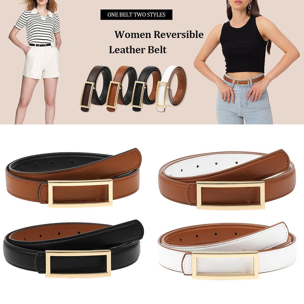 Women Fashion Reversible PU Leather Belt Two-in-One Female Versatile Skinny Adjustable Belt for Jeans Dress with Golden Buckle (Length 100/115/130cm) Women Fashion Reversible PU Leather Belt Two-in-One Female Versatile Skinny Adjustable Belt for Jeans Dress with Golden Buckle (Length 100/115/130cm)