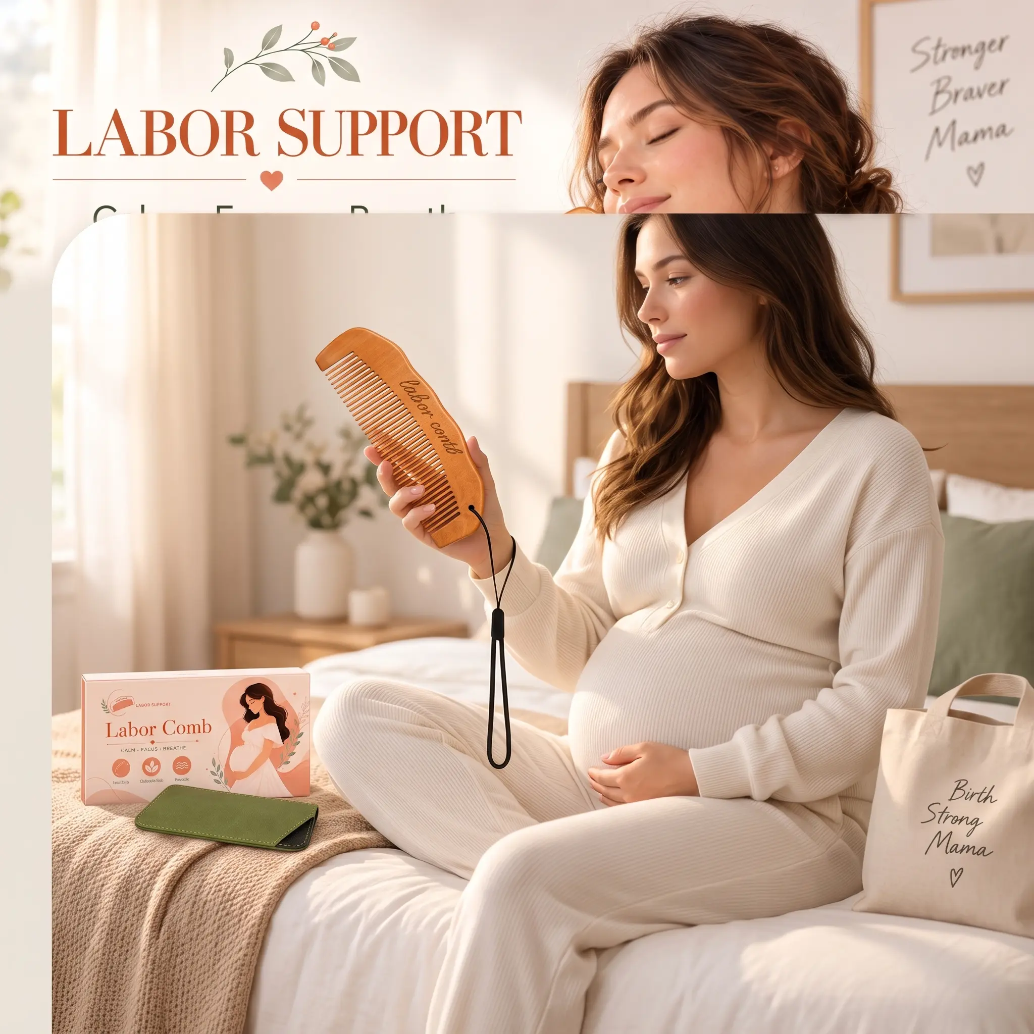 Labor Comb for Mom-to-Be, Wooden Birth Prep Comb with Wrist Strap, Portable Carrying Case, Hospital Bag Essential, Baby Shower Gift
