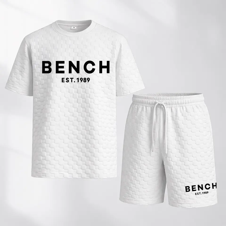 Men's Spring And Summer Bench Print With Red And Black Line Checkered Fabric Drawstring Shorts Set, Casual Summer Outfit With Short-Sleeved Shirt And Shorts, Ideal For Everyday Wear And Sports Activities
