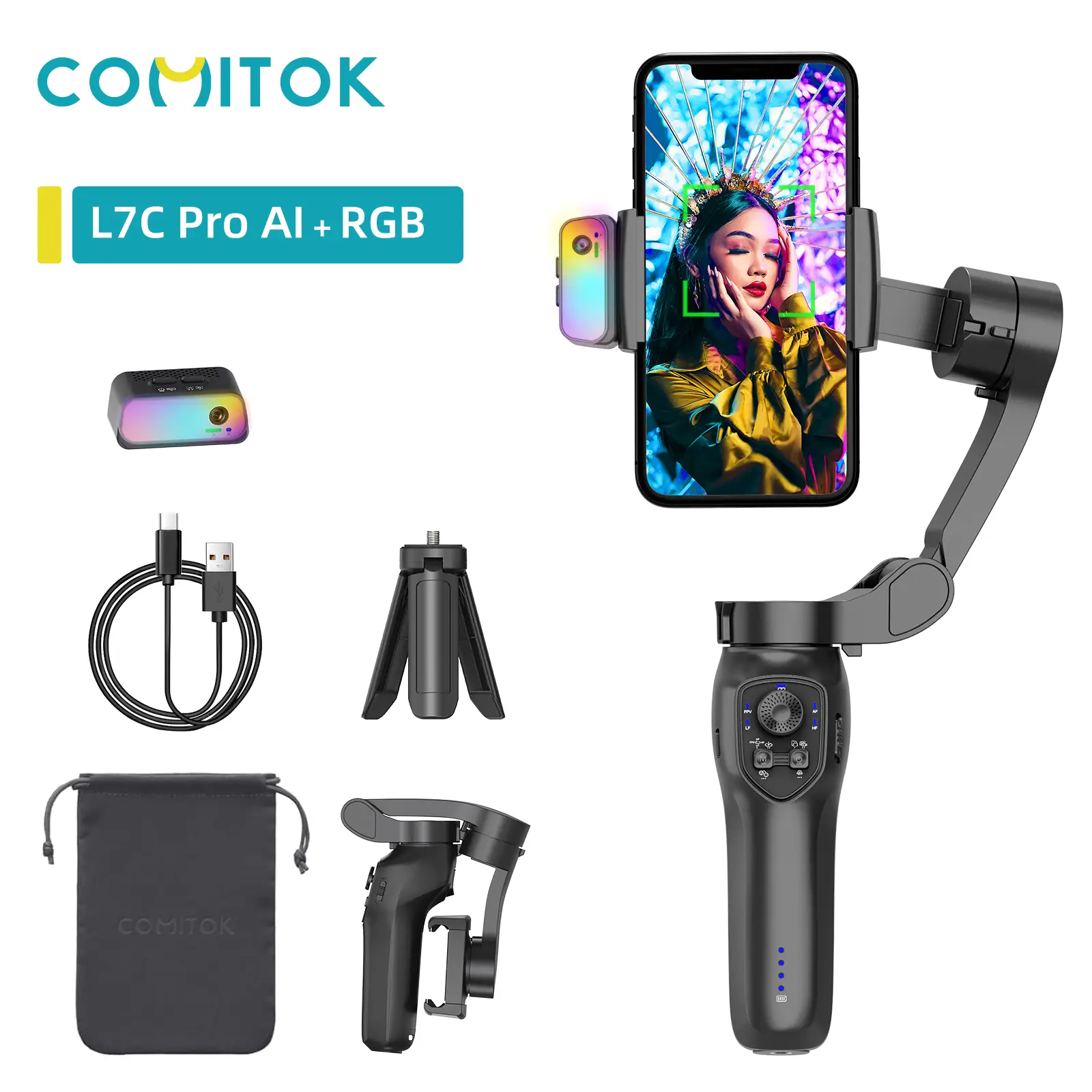 COMITOK 3-axis mobile phone stabilizer AI face tracking & RGB light module Video shooting anti-shake gimbal Selfie Cellphone