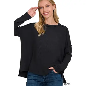 Zenana Women's Raised Rib Raw Edge Boat Neck Long Sleeve - Black