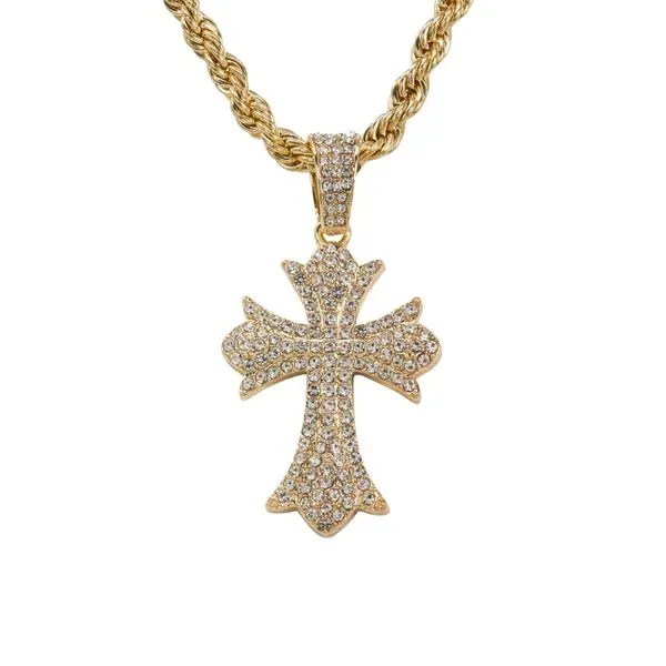 30mm Triple Cross Pendant with 8mm Rope Chain – Gold/Silver Tone Fashion Jewelry – Alloy with Coated Finish