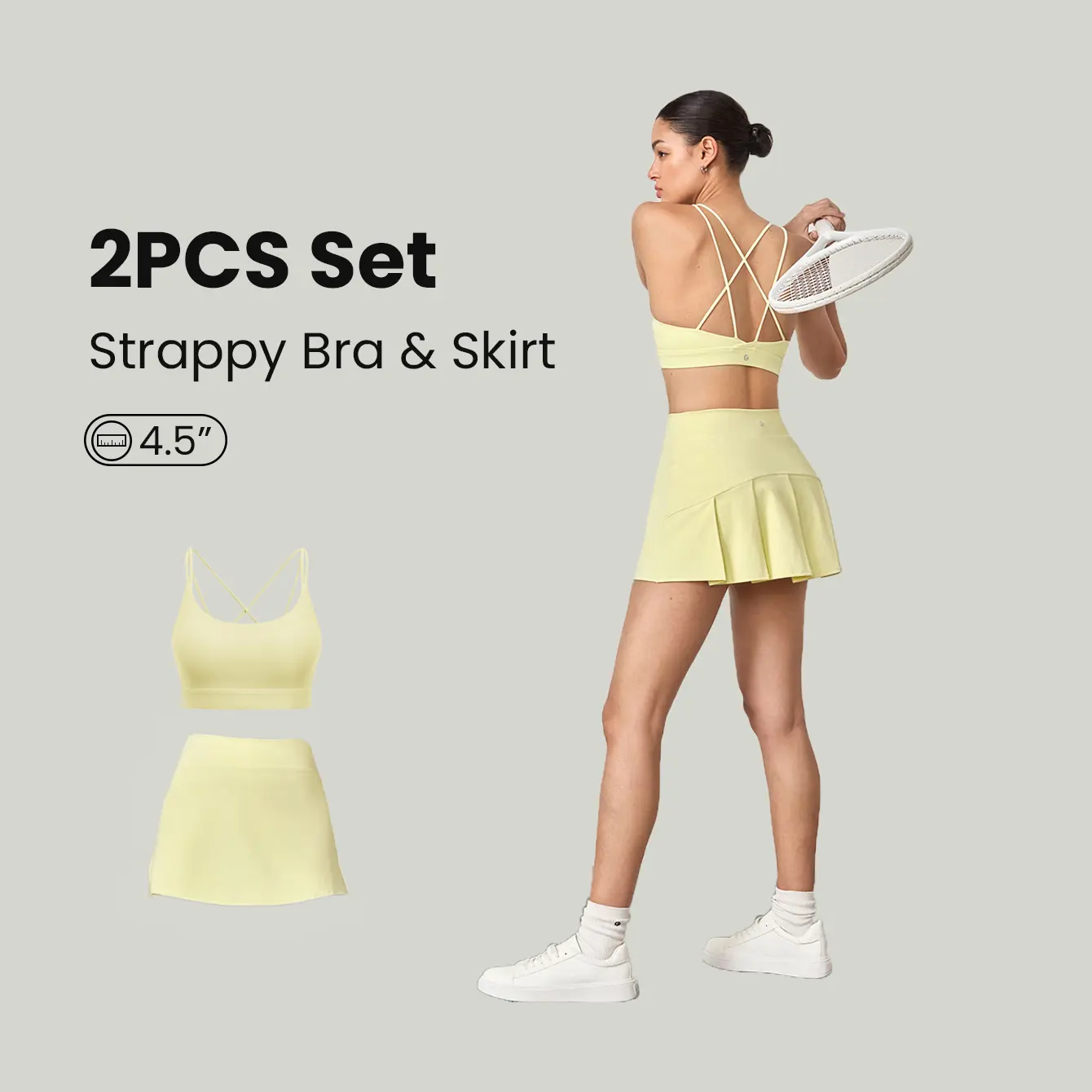 GLOWMODE 2PCS FeatherFit Strappy Back Sports Bra & 4.5"  Stretchy Tummy Control Ultra High-Waist Skirt Bundle Set