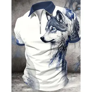 Stylish Breathable 3D Wolf Print Shirt - Men's Short-Sleeved Polyester White & Blue - Ideal for Work or Streetwear, Summer Wear