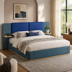 ARCH Upholstered Panel King Size Platform Bed Frame - Fabric-Wrapped Rounded Edges, Anti-Collision Design, Stable Solid Structure, Storage Shelf, No Box Spring Required, Easy Setup, Blue