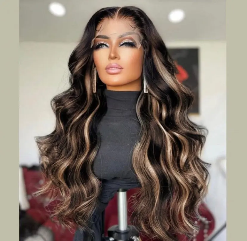 Lushlanes 13x4 Transparent Lace Front Peek A Boo Blonde HighlightsBody Wave Black Wig 150