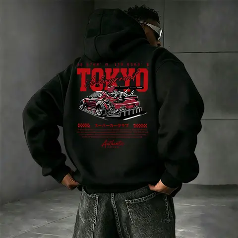 Unisex Underground Racing Print Hooded Sweatshirt, American Street Racing Graphic, Loose Pullover Hoodie for Men and Women, Retro Casual Top