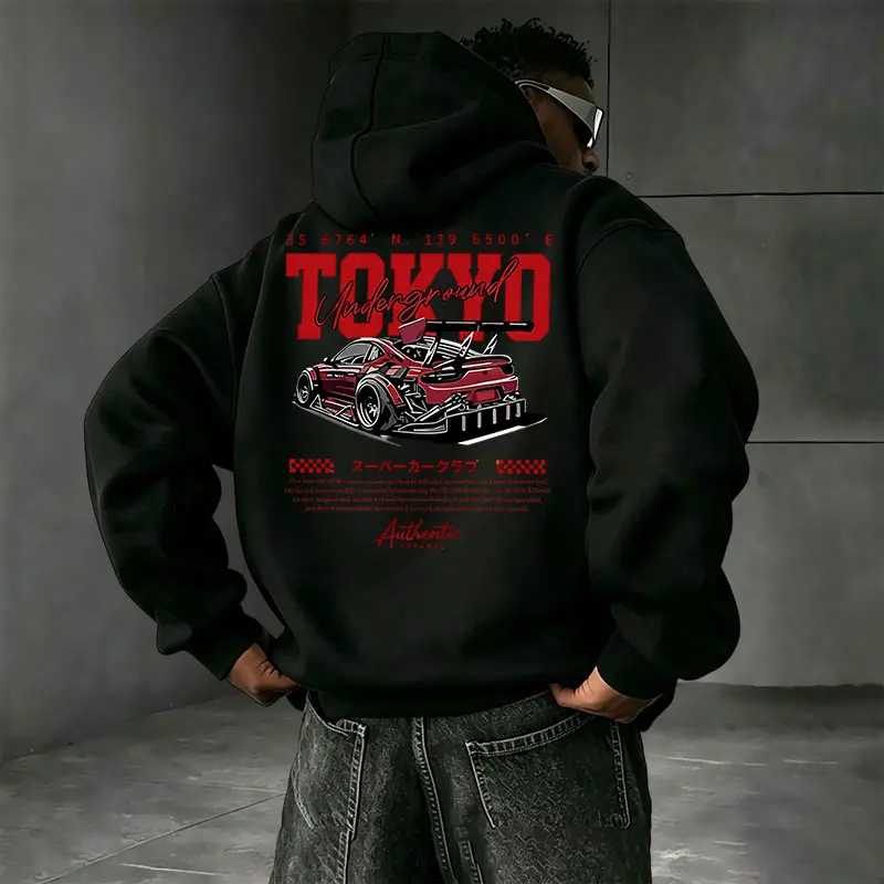 Tokyo Underground Racing Print Hooded Sweatshirt, American Street Racing Graphic, Loose Pullover Hoodie for Men and Women, Retro Casual Top