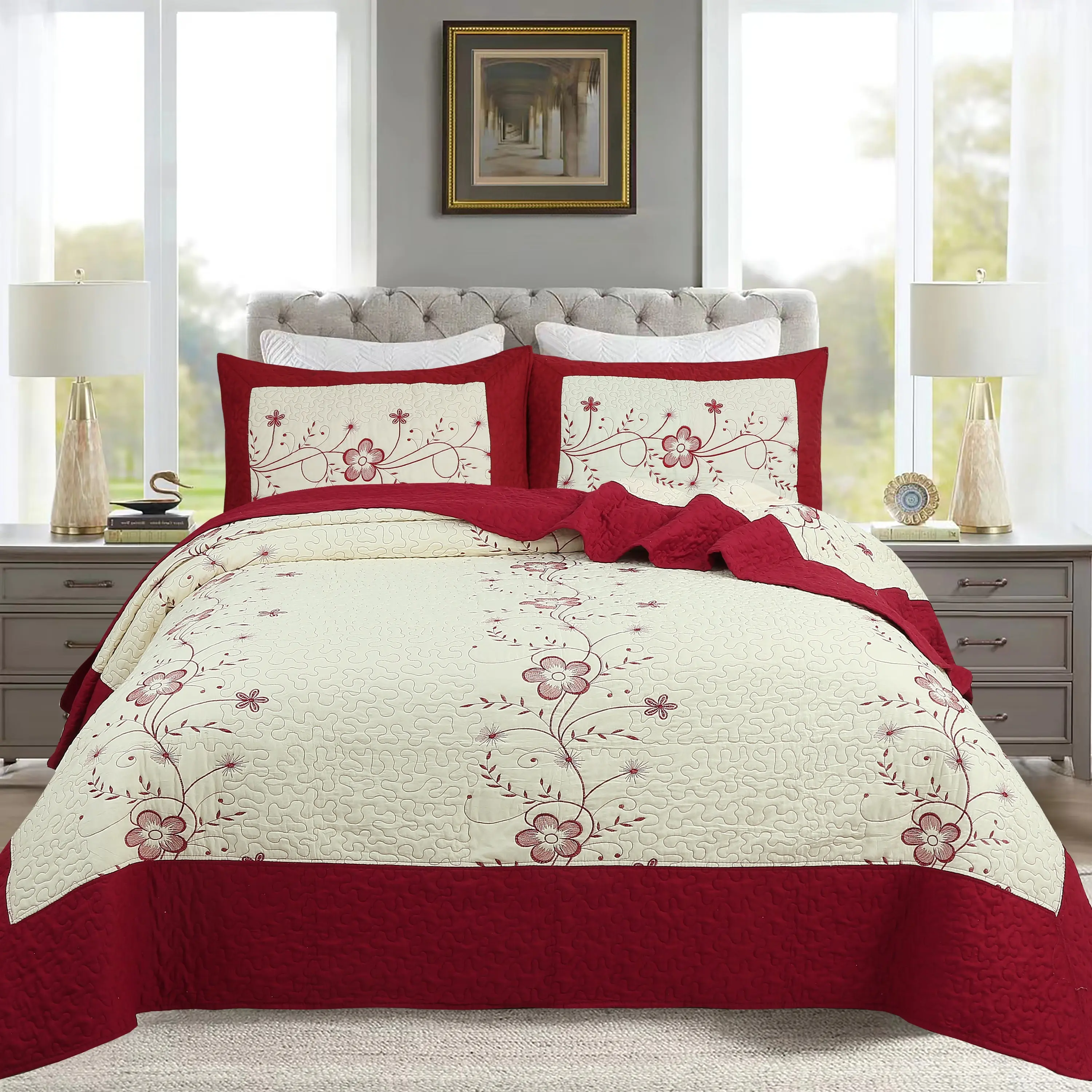 3 Pcs Queen Size Luxury Quilt Bedspread Set, Coverlet Sets with Floral Embroidery, Scallop Edge, All-Season Cozy Touch, Hotel-Style Coverlet for Home Decor