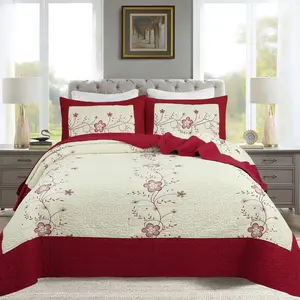 3 Pcs Queen Size Luxury Quilt Bedspread Set | Floral Embroidery & Scallop Edge Design | Cozy All Season Soft Touch Bedding Set, Hotel Style Bed Coverlets for Home Decor