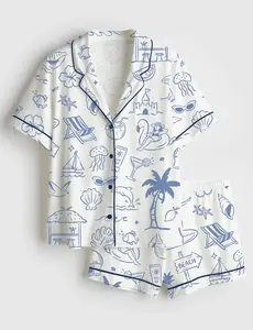 Women’s Whimsical Summer Coastal Beach Vacation Short Sleeve Silky Satin Pajama Set Soft Sleepwear Loungewear Gift for Her