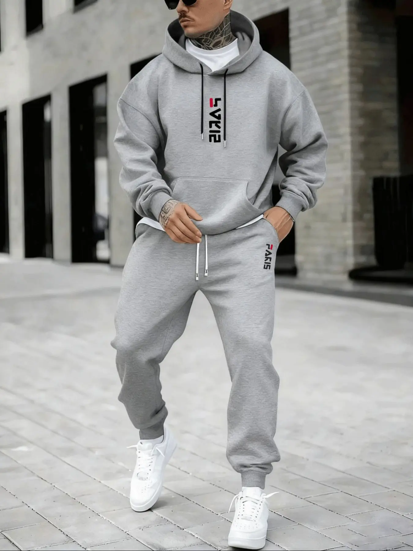 Men's Plus Size Casual Letter Print Hoodie Set, Long Sleeve Drawstring Sweatshirt & Sports Pants Two-Piece Streetwear Tracksuit Set, Fall Winter Outdoor Hiking