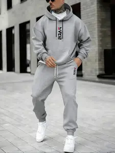 Men's Plus Size Casual Letter Print Hoodie Set, Long Sleeve Drawstring Sweatshirt & Sports Pants Two-Piece Streetwear Tracksuit Set, Fall Winter Outdoor Hiking