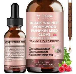 Totaria 20 in 1 Black Walnut Wormwood Tincture - Clove,Pumpkin Seed,Garlic,Oregano,Berberine - Gentle Gut Cleanse & Digestive Health - Alcohol-Free,Gut-Friendly -Raspberry Flavor - 2FL