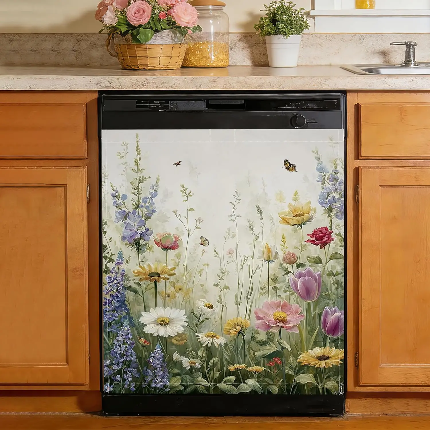 Rustic Wildflowers Magnetic Dishwasher Cover, Removable Refrigerator Magnet Cover for Kitchen Appliances, Reusable Front Panel Decor, 23 x 26 in