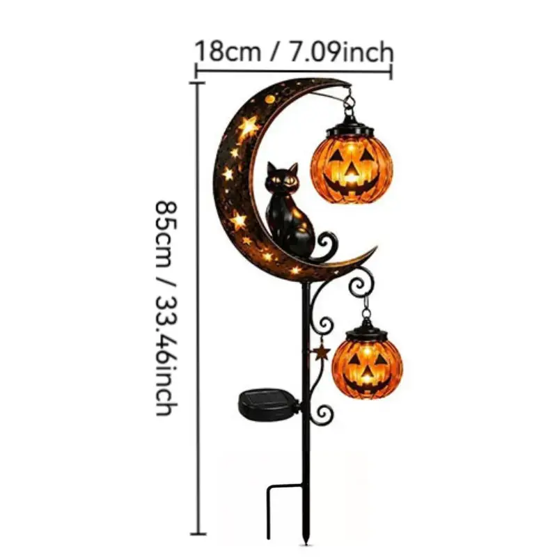 Halloween Solar Garden Stake Lights, Waterproof Moon Shape Pumpkin Lantern with Ghost Witch Black Cat, LED Solar Powered Halloween Decor for Yard Pathway Lawn Patio