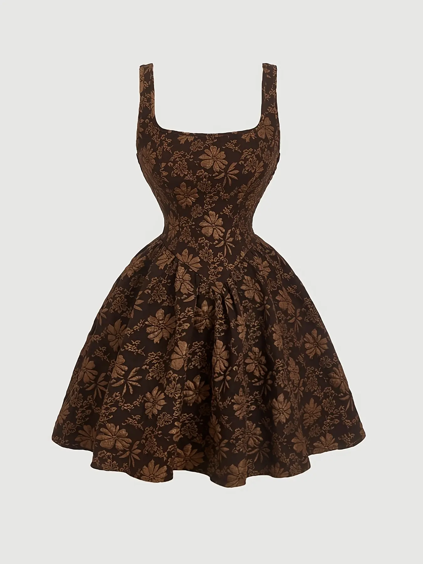 Vintage Floral Print Square Neck Dress, Slim Fit Fitted Casual Party Dress, Fashionable Elegance for Daily, Sweet Romantic Style