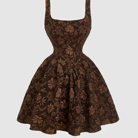 Vintage Floral Print Square Neck Women Dress, Slim Fit Fitted Casual Party Dress, Fashionable Elegance for Daily, Sweet Romantic Style