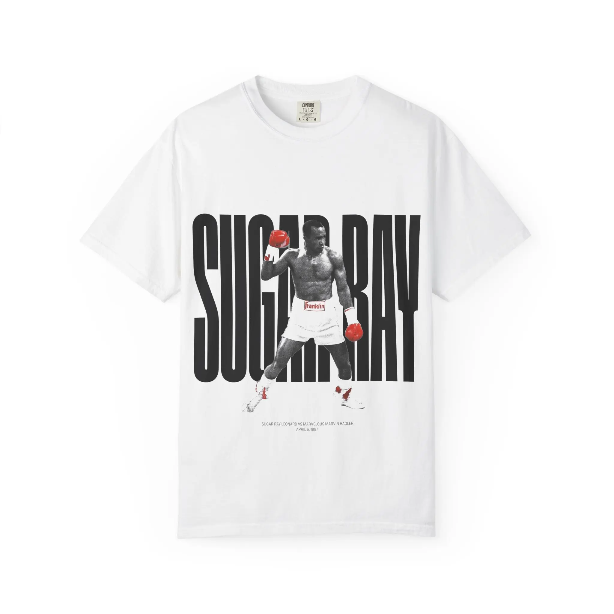 Men's Vintage Graphic Tshirt Honoring the 1987 Sugar Ray Leonard Fight, Casual Classic Top from Soft Fabric, Collectible Boxing Icon Menswear, Shortsleeve, Collectible Item