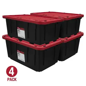 17 Gallon Snap Lid Plastic Storage Bin, Black/Red, Set of 4