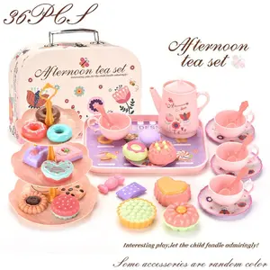 Kids Pretend Play Afternoon Tea Set - Pink Tea Party Playset Toy with Teapot, Cups, Desserts & Suitcase, Ideal Christmas Birthday Easter Gift for Girls, Toddler Play Kitchen & Tea Time Accessory