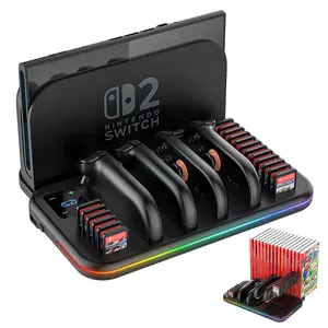 HUPEND Charging Dock Storage Base for Switch 2 JoyCon Controllers 18 Game Card Slots Ambient Lighting All-in-one Charging Station Storage Stand Organizer with USB Charging Cable