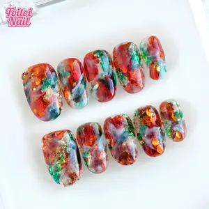 Vintage Foil Handmade Press-On Nails | Short Square Shape, 10pcs | Luxury Vintage Foil Design | Sheer Terracotta Base & Green/Blue/Red Foil & Gold Flake Accents | Reusable DIY Nail Kit for Women | Trendy Nails for Spring, Summer, Dates & Daily Wea