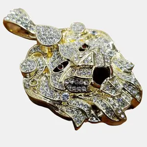 Large Lion Head Charm Simulated Diamond Pendant Hip Hop Style Jewelry Unisex Men Women Fashion Gold Silver Plated