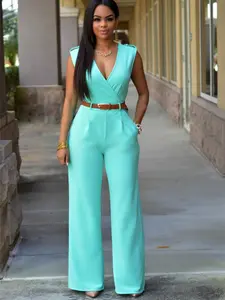 Sexy Pocket Women's Clothing, High Waisted V-Neck Wide Leg Pants, Irregular Jumpsuit with Belt, European and American Style