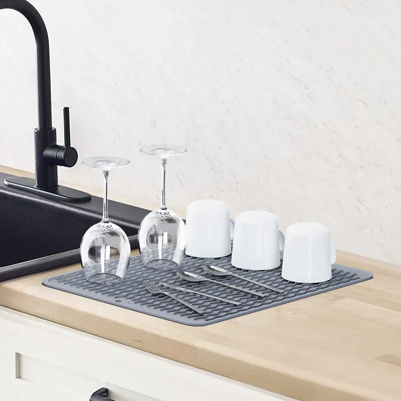 Silicone Dish Drying Mat, Non-Slip Dishwashing Mat for Kitchen Counter, Easy Clean, Waterproof, Heat-Resistant Silicone Mat