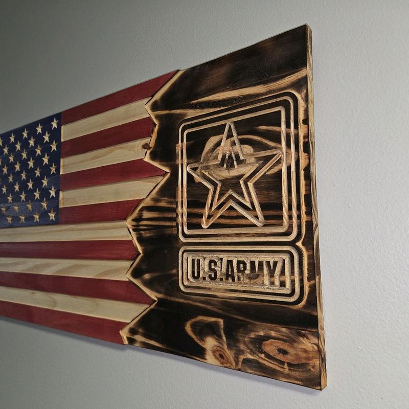 Hand Carved Rustic Wood US Flag & Army Emblem - 12"x24"
