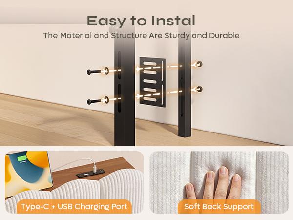 Pinmoco Upholstered Headboard with Storage Shelf, Type-C and USB Charging Station, Modern Beige Striped Velvet【Headboard Only】