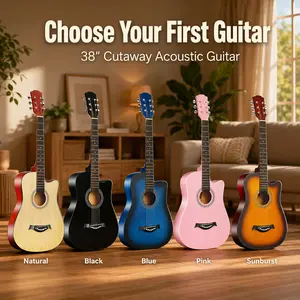 38-inch beginner folk guitar with a maple body featuring missing corners, includes case, capo, picks, spare strings, and a beginner guide; suitable for children, teens, and adult beginners; available in multiple colors.