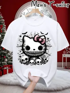 Hello Kitty Gothic Skull - Themed Printed Round-neck T-shirt for Men, Sporty Short-sleeved, Breathable and Casual, Regular Fit, Vacation Party, Outdoor Activity Outfit, Birthday Gift, Holiday Gift, Street Fashion, High-quality Fabric