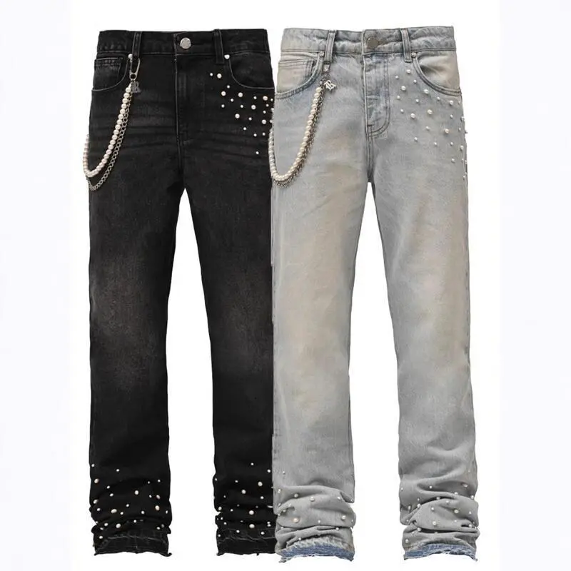 men's street ins elastic stacked denim straight leg pants