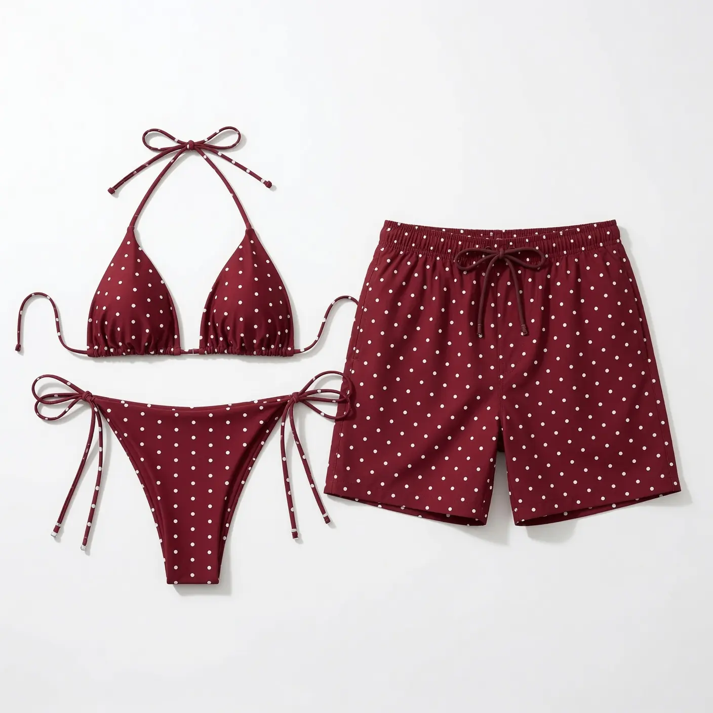 Burgundy Polka Dot Matching Couple Swimwear Set, Retro String Bikini and Hawaiian Shorts for Women Men, His and Hers Summer Beach Vacation Pool Party Outfit Gift