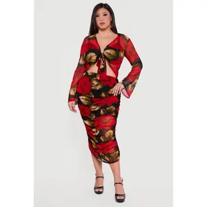 Plus Size Patterned Ruched Mesh Midi Skirt