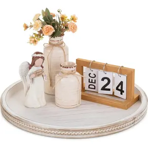 Hanobe Large Round Decorative Tray: White Coffee Table Beaded Tray Rustic Wood Trays Decor Farmhouse Ottoman Circle Tray Vintage Centerpiece Wooden Serving Trays for Living Room Home for Counter